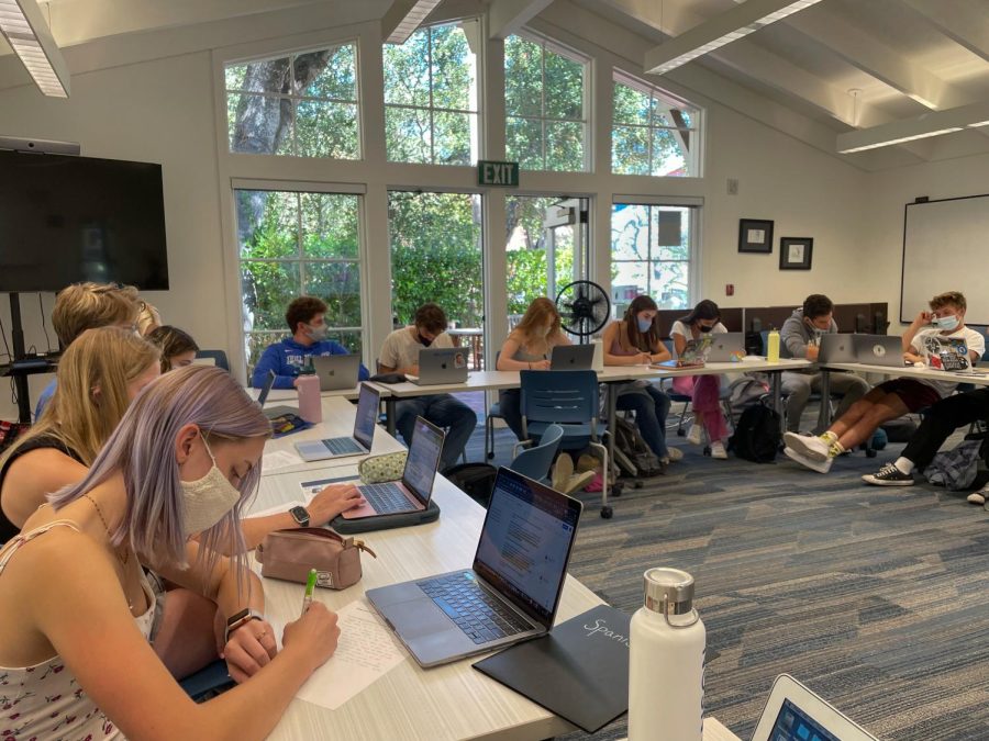 Seniors take a class in the Writing Center in September. The Immersive program, new for the 2021-22 school year, will replace senior capstone projects.