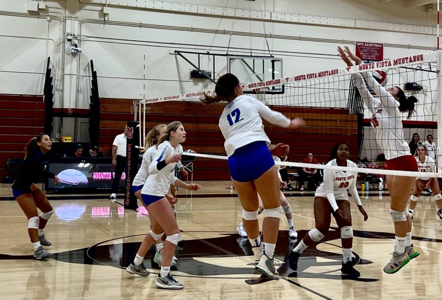 A kill by Eva Lacy against Monte Vista in Danville, Sept. 2. An energized offense pulled ahead of Monte Vista during the second set.