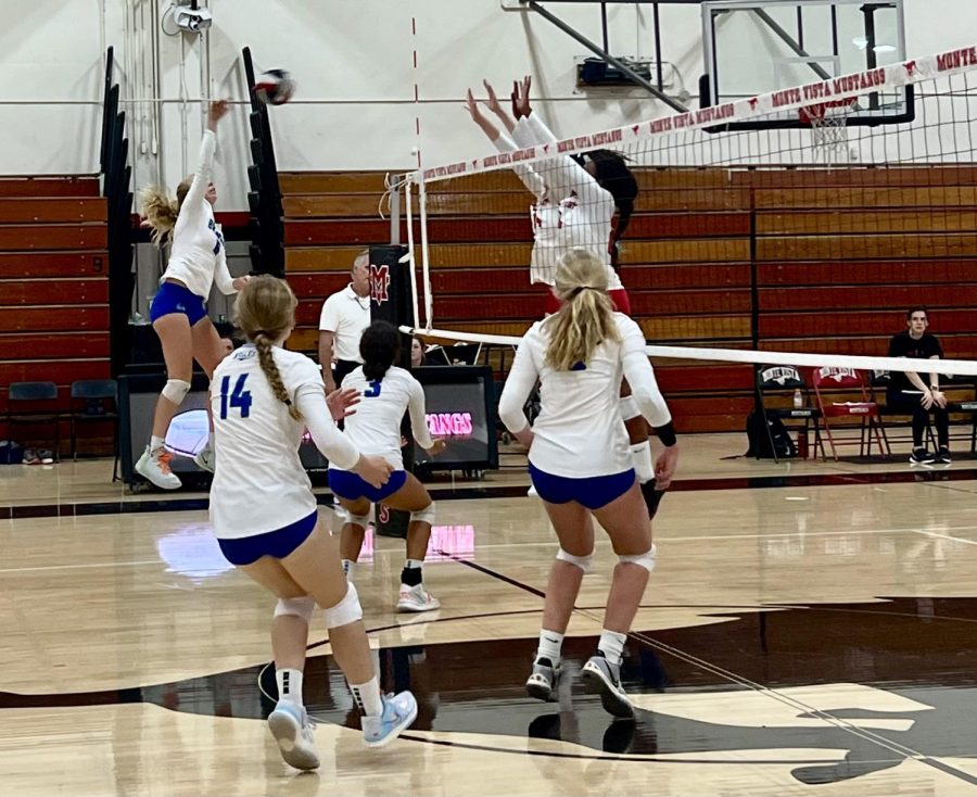 Elena Fisher faces Monte Vista players in Danville, Sept. 2. Branson’s first loss this season highlighted points for improvement, coach Michelle Brazil said.