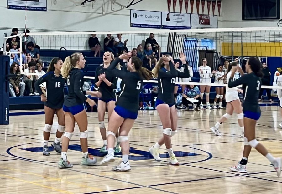Branson girls varsity volleyball celebrates its three-set win against Terra Linda, Sept. 14, 2022. The team now heads to Las Vegas for a tournament.