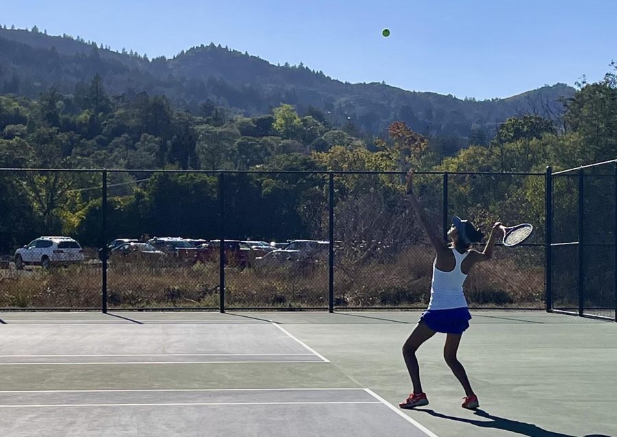 Tara Sridharan serves the ball during a match against Lick-Wilmerding, Sept. 22, 2022. The home game at College of Marin ended in a 6-1 victory for Branson girls varsity tennis.
