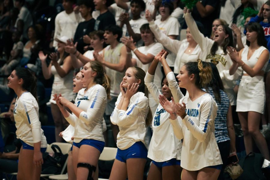 Fans and players cheer during Branson’s MCAL showdown against Marin Catholic, Oct. 19, 2022. Girls varsity volleyball defeated the Kentfield team in a historic victory.