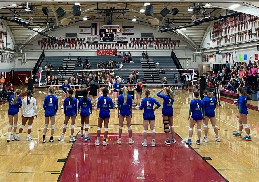 Branson girls varsity volleyball before the game against Redwood in Larkspur, Oct. 14, 2022. The game will decide the seeding for the Marin County Athletic League.