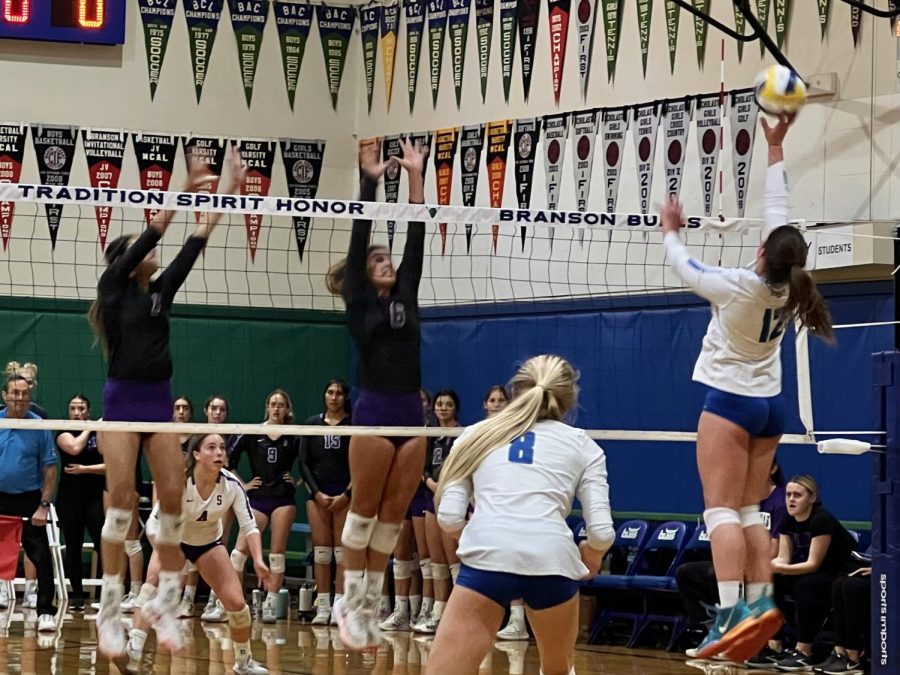 Right hitter Eva Lacy jumps for a shot against Salinas, Nov. 10, 2022. Branson won the Division I NorCal game in three sets and will face Marin Catholic Saturday.