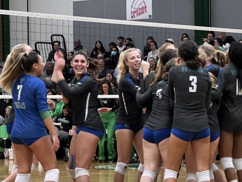 Girls varsity volleyball celebrates its three-set victory at the Division I NorCal final, Nov. 15, 2022. The team heads to Orange County for the state championship Friday.