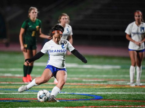 Branson’s Ally Hsieh makes a shot at San Marin, Jan. 3, 2023. Girls varsity soccer kept its MCAL-leading position with a 3-0 win. (Courtesy Robert Duran)