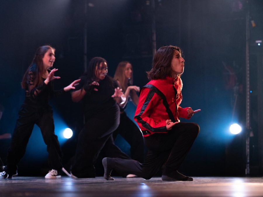 Ben Boas wears the red jacket during the opening “Thriller” dance at the “Fresh Tracks” performance in late January 2023. The show marked new dance teacher Alex Escalante’s first at Branson.