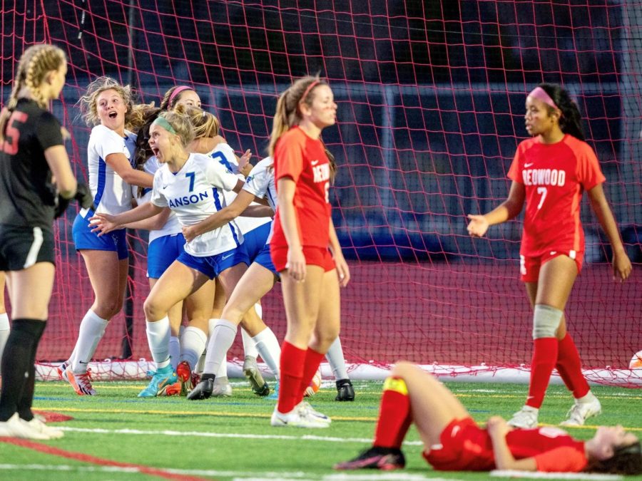 Branson girls varsity soccer celebrates after Riley Pearson (6) netted the winning goal in overtime at San Rafael High School on Feb. 11, 2023. Her goal clinched the title at the MCAL final against rival Redwood. (Courtesy Robert Duran)
