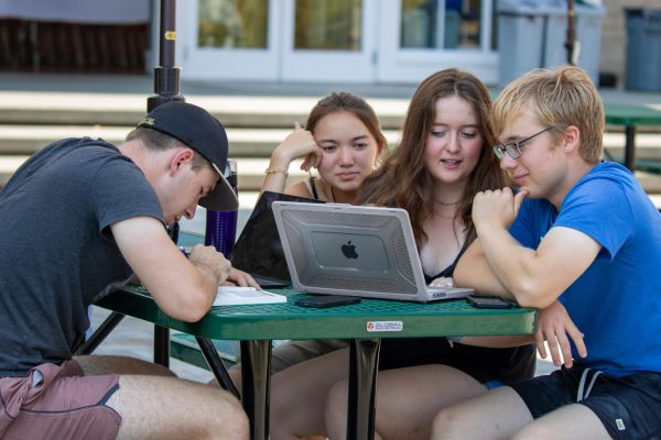 Charlotte Ng ‘24 (left), Julia Haase ‘24 (middle), Wilson Wendt ‘24 (right) study together. The commons has been a hub for study groups.