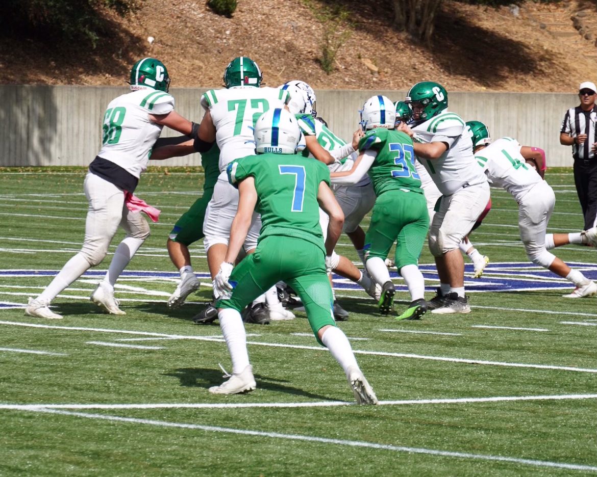 Safety Andrew Murr gets ready to make a play against the run. The Bulls stifled Calistogas run game all day long.