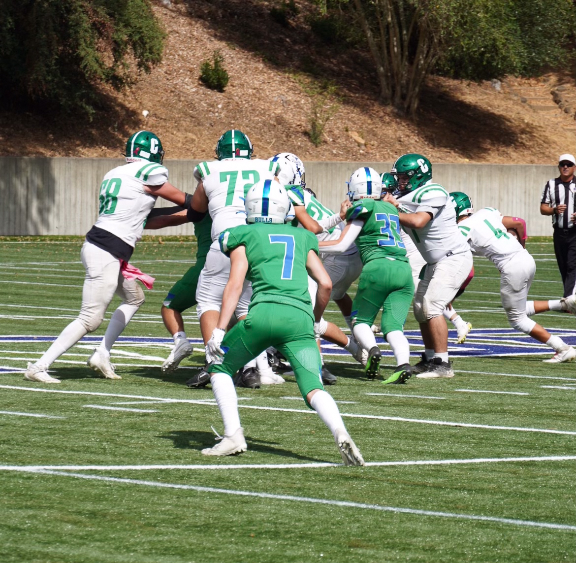 Andrew Murr gets ready to make a play against the run. The Bulls stifled Calistogas run game on Sept. 30.