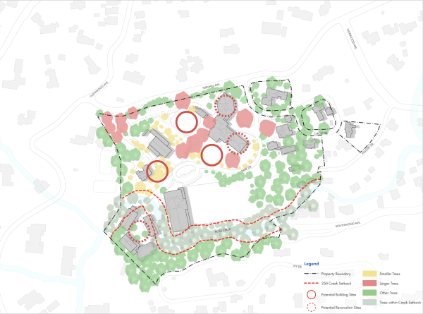 The map outlines the strategic vision for Bransons campus development. Initial planning stages prioritize sustainable growth and maintaining open, natural spaces. Courtesy of Sarah Brewster