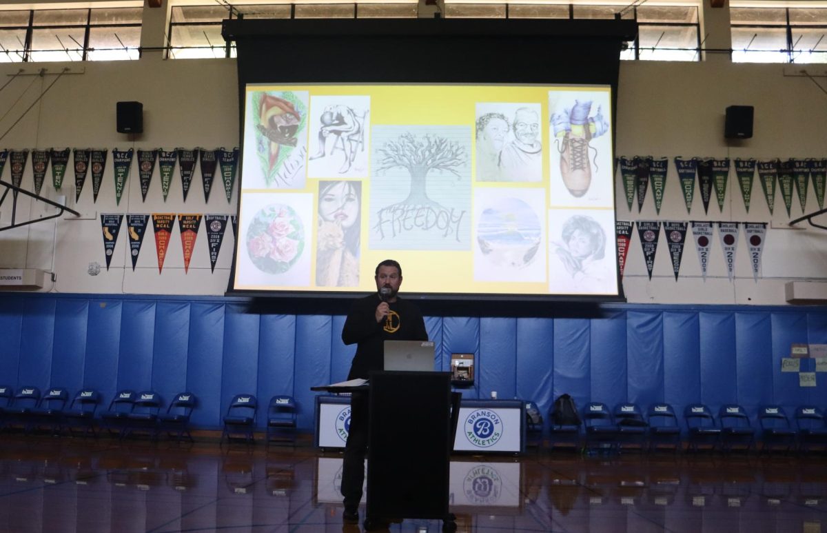 Todd Fries of the Northern California Innocence Project speaks to the Branson community during special assembly. Fries visited Branson last week to discuss the mission of the Innocence Project, which works to exonerate falsely convicted individuals.