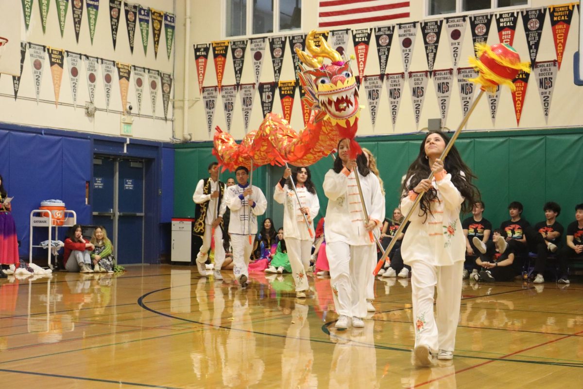 Mandarin students walk with Chinese dragon puppet during Lunar New Year performance.